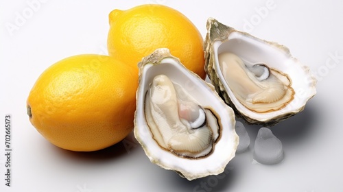 Fresh opened oyster offered as top view on crushed ice,Oysters with lemon on ice photo