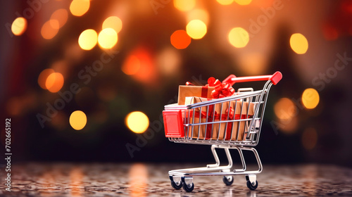 Christmas holiday background. shopping cart full of Christmas decorations, toys and balls on table close up. AI generated