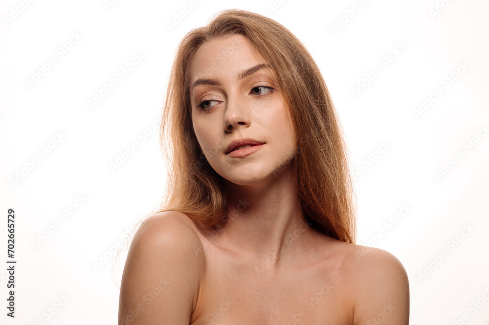 Portrait of beautiful blonde girl in beauty style with smooth clean skin on isolated white background Portrait of beautiful blonde girl in beauty style with smooth clean skin on isolated white background