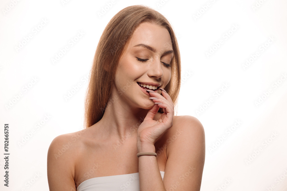 Portrait of beautiful blonde girl in beauty style with smooth clean skin on isolated white background Portrait of beautiful blonde girl in beauty style with smooth clean skin on isolated white background