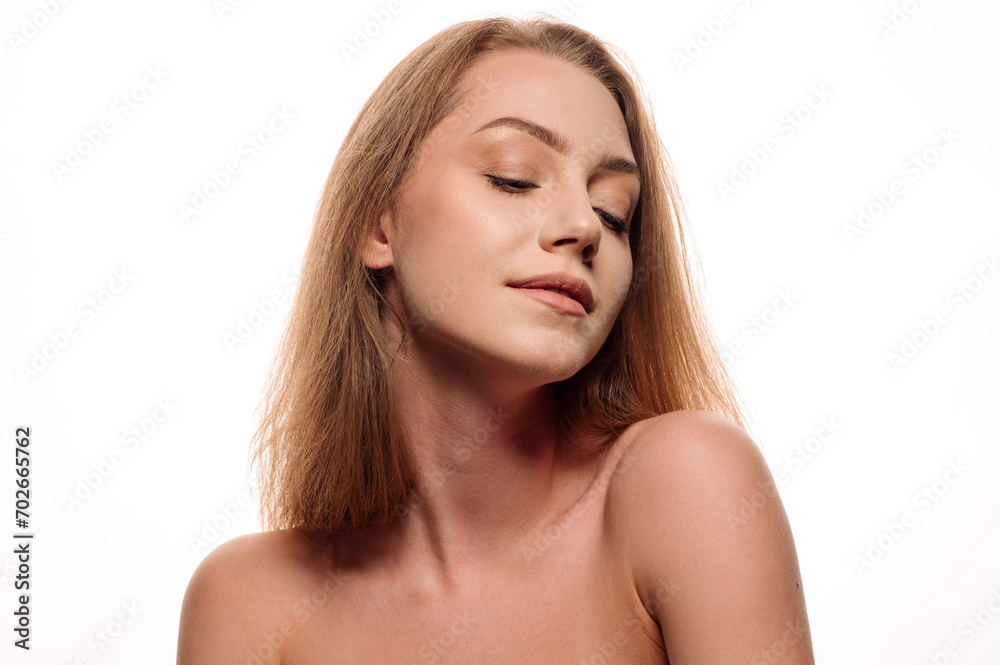 Portrait of beautiful blonde girl in beauty style with smooth clean skin on isolated white background Portrait of beautiful blonde girl in beauty style with smooth clean skin on isolated white background