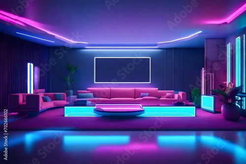 A futuristic living room with a blank frame  blending modern furniture  LED lighting  and innovative design elements.