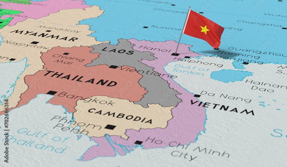 Vietnam, Hanoi - national flag pinned on political map - 3D illustration