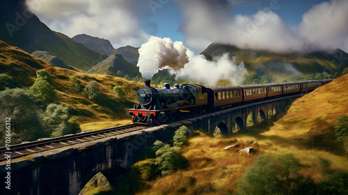 The Breathtaking Journey, A Beautiful Hogwarts Express Ride on the Enchanting Bridge Scenery, A Spectacular Train Express Ride on the Mystical Bridge Scenery Enchanted Tracks generative AI 