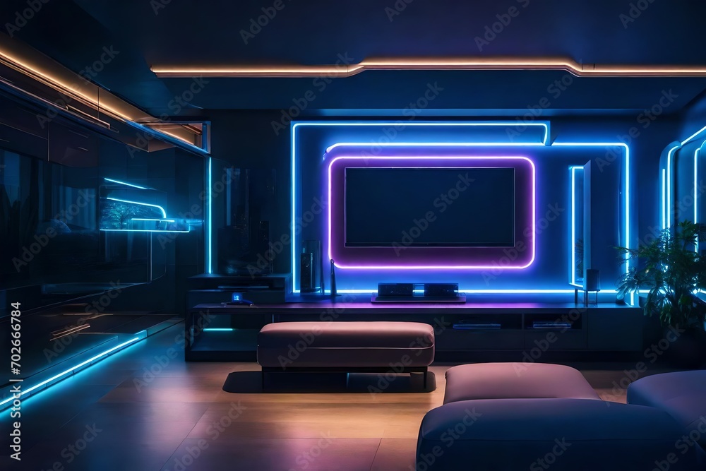 A futuristic living room design with a blank frame above a floating entertainment unit, showcasing sleek furniture and high-tech accents.