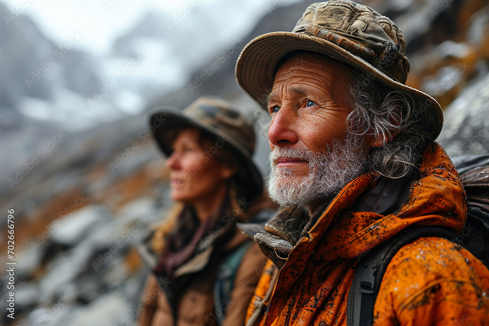 A traveler elderly cuple on the background of mountains.