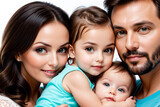 Mom and dad with two small children, close-up. Family portrait, the concept of family relations. The program of state support for families with children