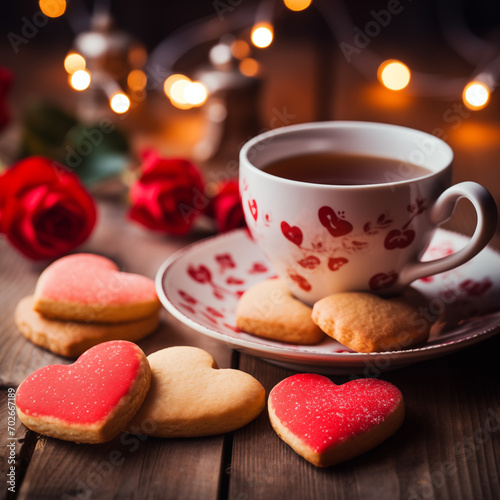 Coccola d'Amore in una Tazza: Delicato Tè Infuso di Sentimenti, Accompagnato da Biscotti a Cuore, Celebrando l'Amore nel Calore di San Valentino. Un'Armonia Gustativa e Visiva di Dolcezza Romantica. photo