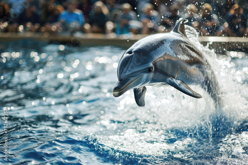 a dolphin jumps out of the water in a dolphinarium with spectators in the background photo