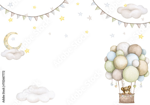 Baby bear. Boy. Gender party. Birthday, baby shower, children's party. Children's watercolor illustration in pastel colors. Vertical postcard, poster, banner, invitation, greeting card, background.
