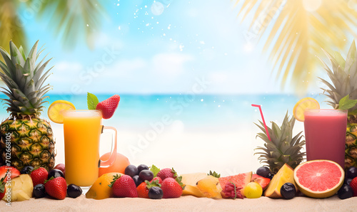frame made of different fruits and berries, isolated on beach bluesky background, healthy food concept