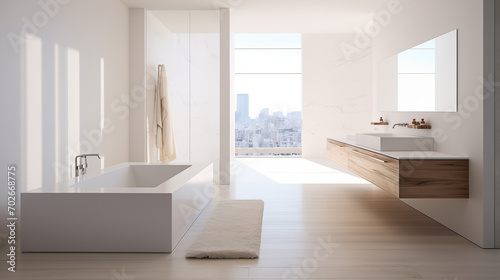 a luxurious  sunlit bathroom with a large freestanding bathtub and a floating vanity against a backdrop of marble walls Luxury beauty  cosmetic  skincare  body care  product background 3D