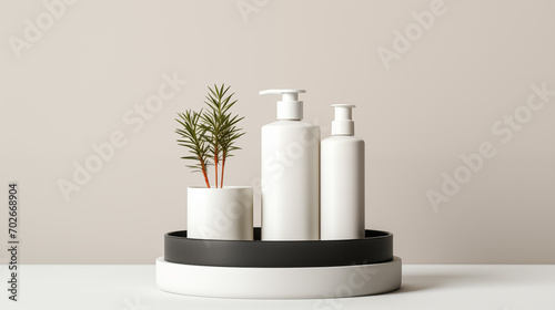 Wallpaper Mural a minimalist composition with two white bottles of varying heights and a small potted plant with slender green leaves,cosmetic product background Torontodigital.ca