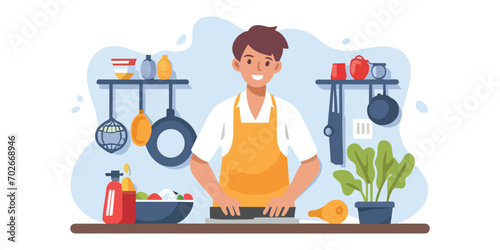 cartoon style man wearing apron smiling in kitchen with food and cooking stuffs, vector illustration