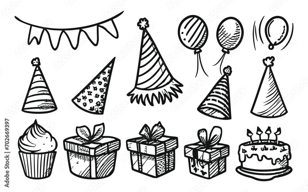 Set of party doodle. Sketch of Birthday decoration, gift box, cake, party hats in sketch style. Hand drawn vector illustration isolated on white background