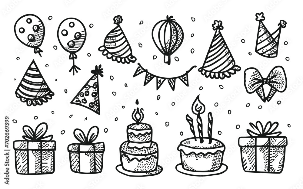 Set of party doodle. Sketch of Birthday decoration, gift box, cake, party hats in sketch style. Hand drawn vector illustration isolated on white background