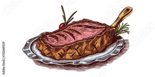 vintage-style hand-drawn steak on plate design, illustration