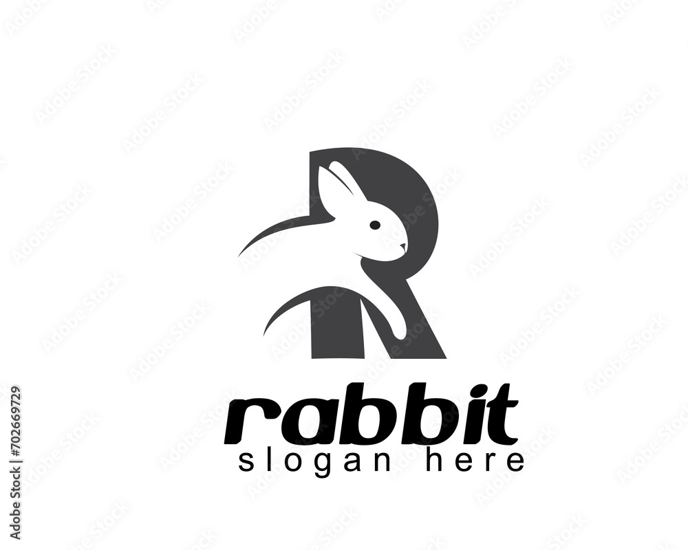 Obraz premium rabbit logo design template white rabbit jumping with initial r