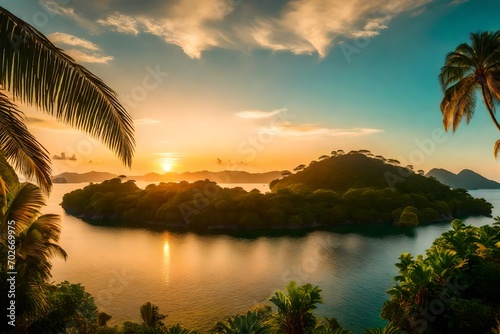 A vibrant sunrise over a pristine nature island with lush greenery and a tranquil bay, kissed by the golden hues of the morning sun.