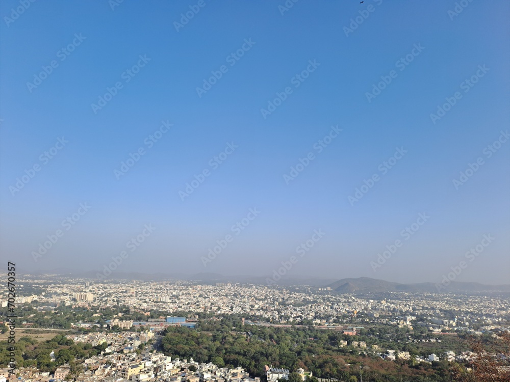 Aerial view of the Udaipur city from Karni Mata Temple complex