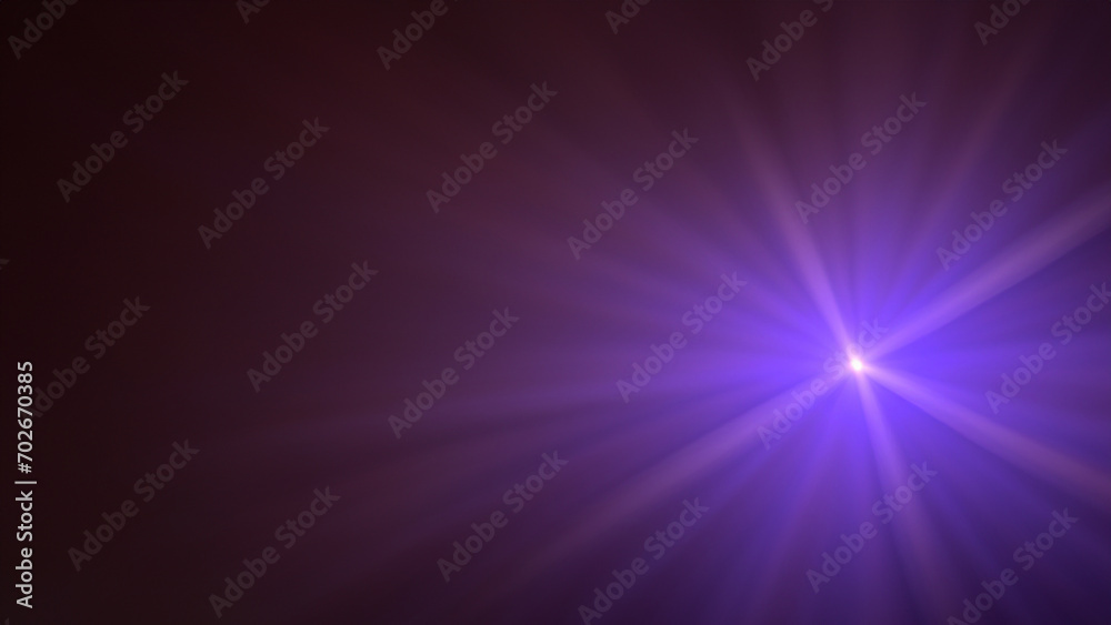 Purple flash light on dark background. Violet glowing light. Sun burst effect. Digital lens flare effect. Abstract purple background