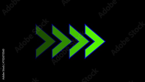Flashing neon icon to the right arrow. green and blue color right chevron arrow. right arrow. arrow sign. Safety type. Neon futuristic arrow sign. Isolated on black background.