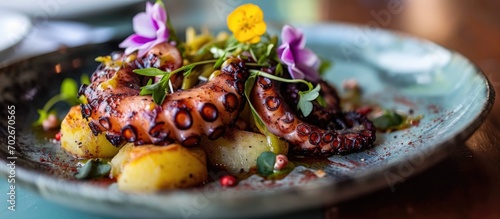 Octopus grilled and served with potato, adorned with flowers. photo