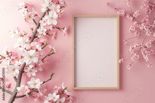 Mockup poster frame close up  3d render minimalist top shot  new year theme  cherry blossom branches concept