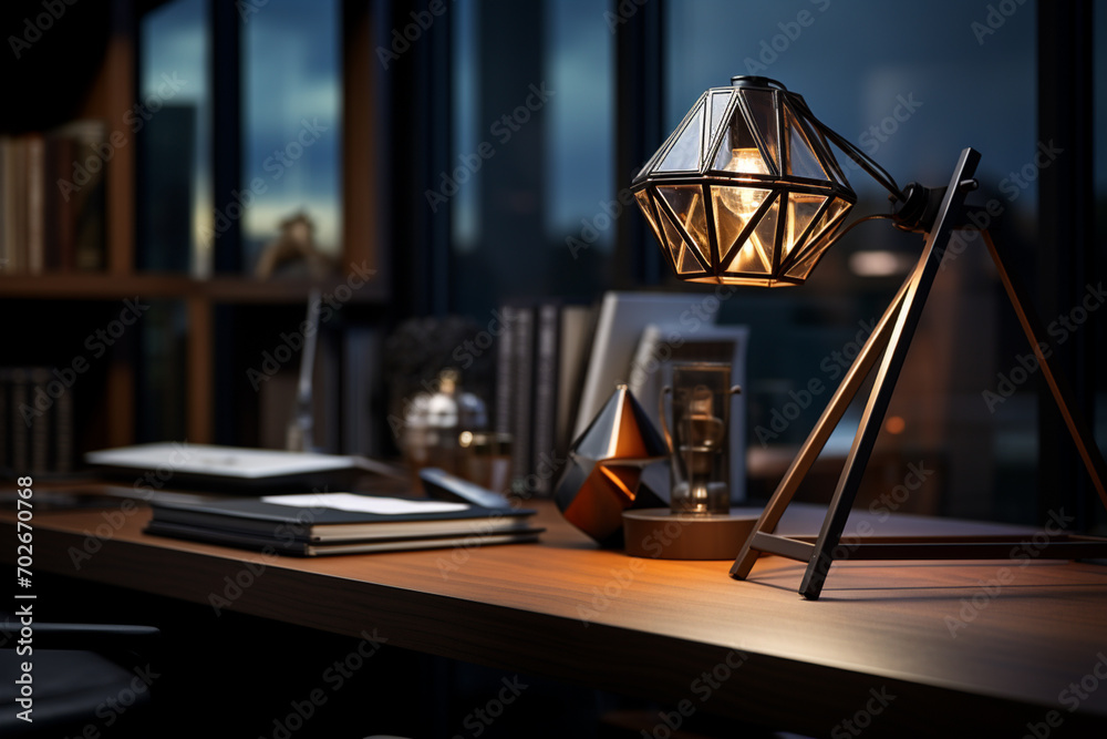 A minimalist design of a desk lamp, composed of basic geometric shapes.