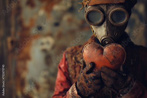 soldier with gas mask holding a valentine's day heart made of wood in his hands. steampunk and apocalyptic background for ads and cards photo