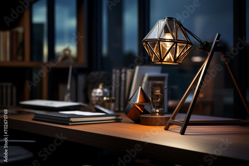 A minimalist design of a desk lamp, composed of basic geometric shapes.