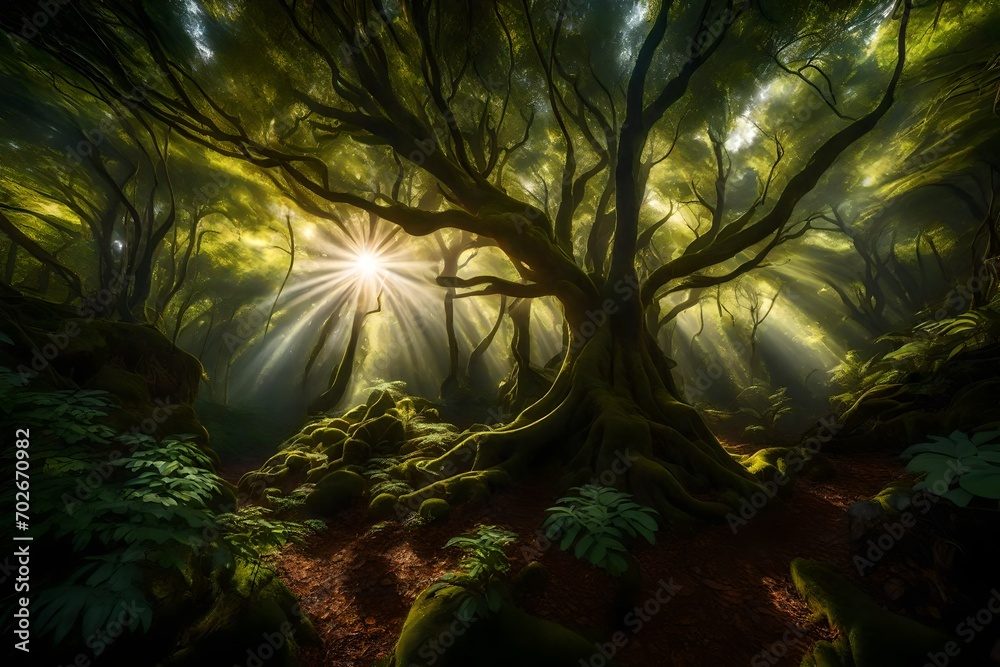 A dense forest canopy illuminated by rays of sunlight, creating a magical and enchanting atmosphere on the island.