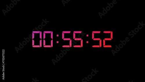 One minute digital clock countdown timer of glowing led red pink digits on black background. 60 Seconds Stopwatch. LCD display or CRT monitor Screen.