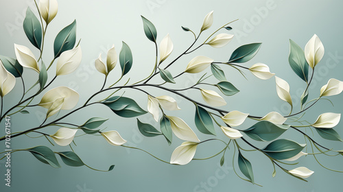Abstract background with green leaves. Neutral elegant pattern of green color leaves on pastel paper. 