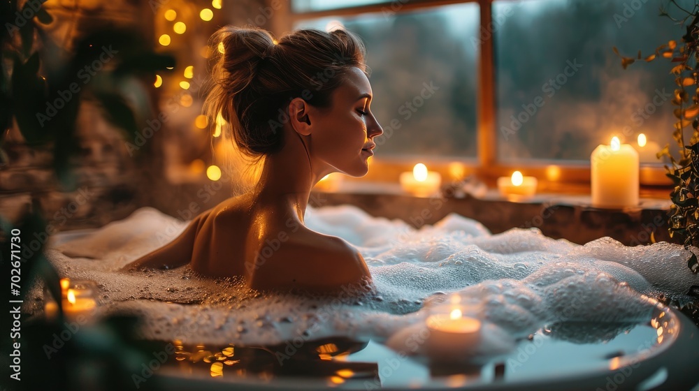 portrait of woman sitting in bath tub relaxing with foam and burning candles