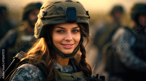 Girl soldier in military uniform, military in the background. AI generated. © millenius