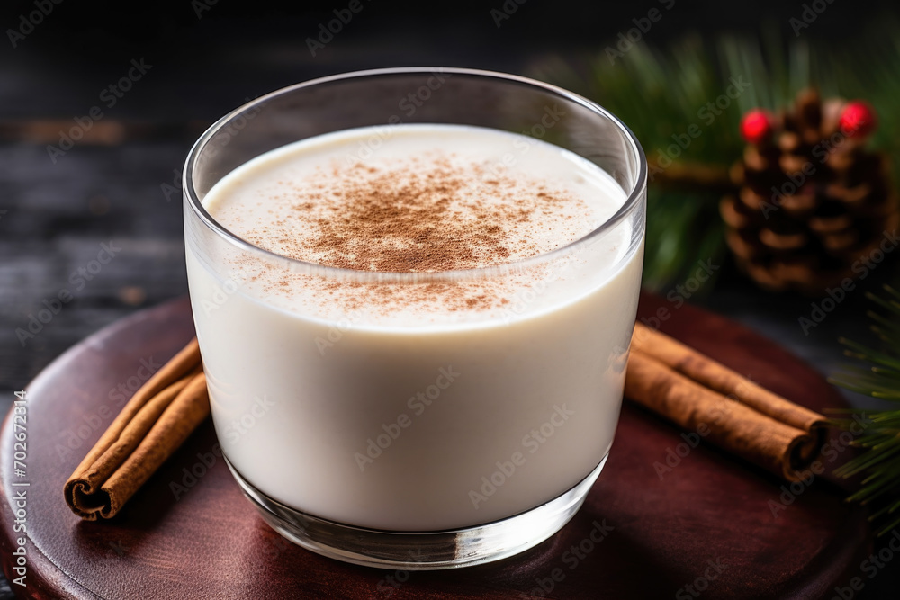 Closeup of Eggnog or egg milk punch is traditional drink in Christmas season on dark background Closeup of Eggnog or egg milk punch is traditional drink in Christmas season on dark background