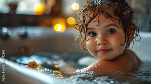 portrait of toddler girl in bath tub bathing in water with rubber duck toy