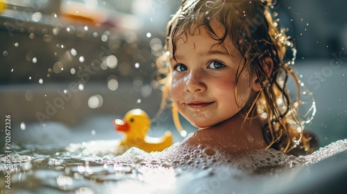 Fotografia portrait of toddler girl in bath tub bathing in water with rubber duck toy