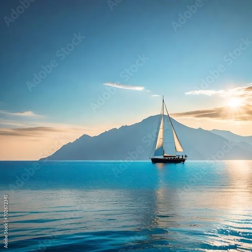 Sailboat in the sea in the evening sunlight over beautiful big mountains background, luxury summer adventure, active vacation in Mediterranean sea,