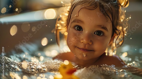 portrait of toddler girl in bath tub bathing in water with rubber duck toy