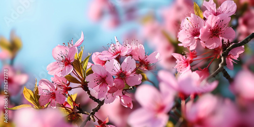 Close-Up Macro of Pink Sakura Blooming, Floral Springtime Background with Vivid Blue Sky, Cherry Blossom Delicate Petals Nature Scene