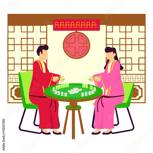 Couple is playing Mahjong or mah-jongg while sitting at Restaurant concept vector icon design, Chinese New Years Eve symbol, Year of the Dragon sign, China Spring Festival scene stock illustration