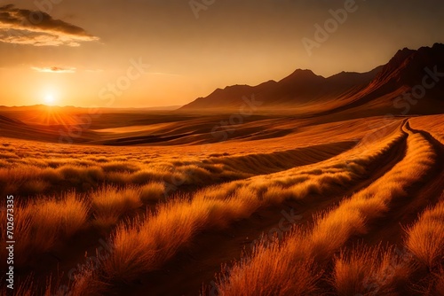 A panoramic view of a vast, undulating landscape bathed in the warm hues of a setting sun.