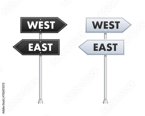 Directional Road Signs Pointing East and West, Vector Illustration of Guideposts in Black and White for Navigation and Travel