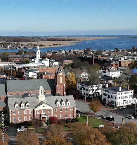 Aerial view of the historic coastal town of Newburyport, Massachusetts, USA