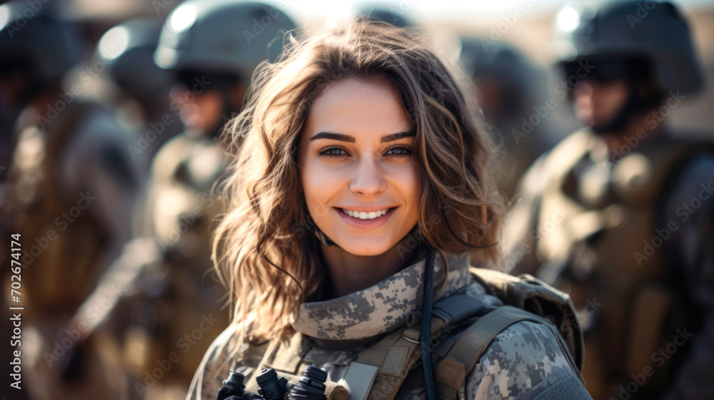 Girl soldier in military uniform, military in the background. AI generated.