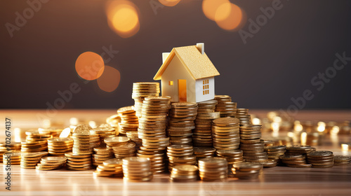 House model on stack of coins, Real estate investment, Mortgage concept