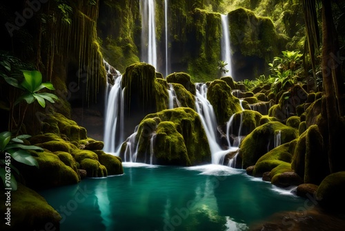 A majestic waterfall plunging from a moss-covered cliff into a serene pool, surrounded by dense tropical vegetation.