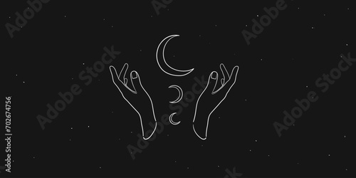Esoteric moon line drawing with woman hands on black background. Set of Magic art symbol outline. Vector illustration